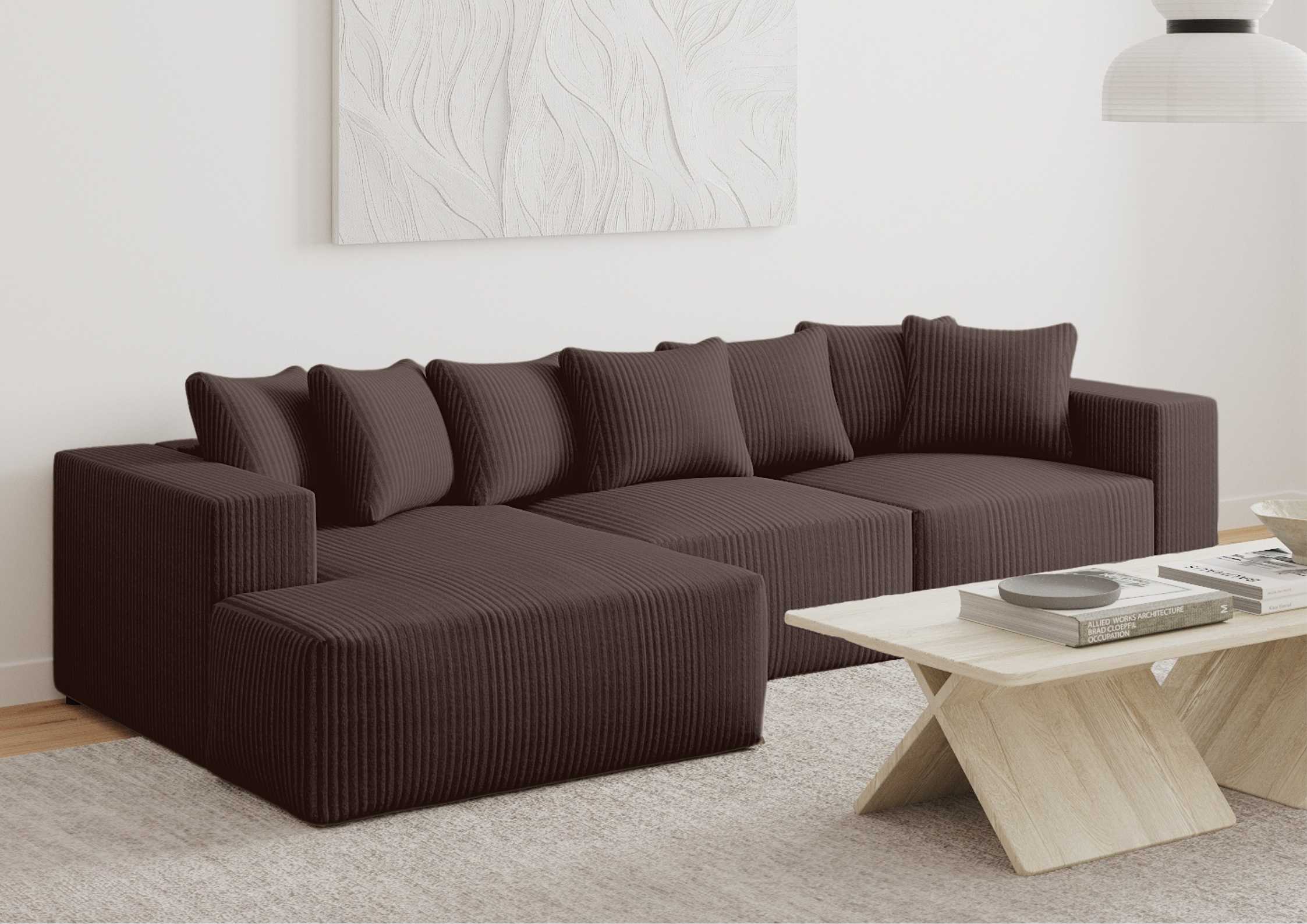 Lewy narożnik w sztruksie z funkcją spania Duży narożnik w stylu loft Kolor brązowy